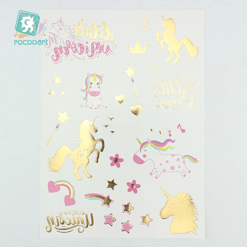 Cute Golden Unicorn Rainbow Water Transfer Waterproof Temporary Tattoo Stickers For Boy Girl Children Gift Fake Tattoos