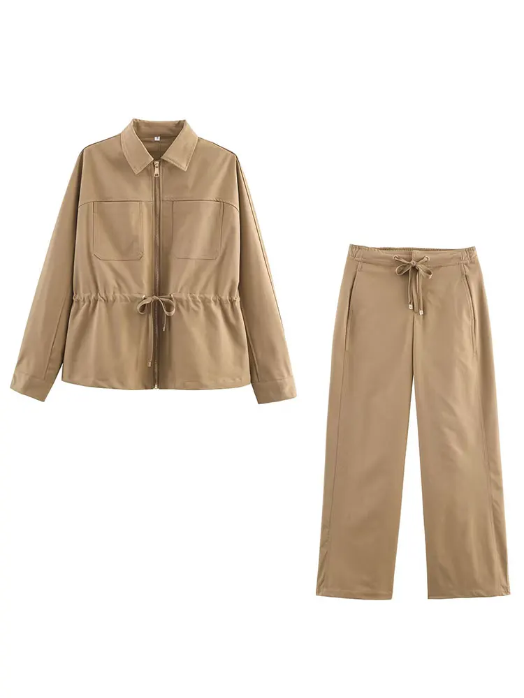 HH Conjuntos de calças de outono para mulheres, elegante, moda, cintos ajustáveis, casaco, manga comprida, jaqueta com zíper, calças largas, roupas casuais