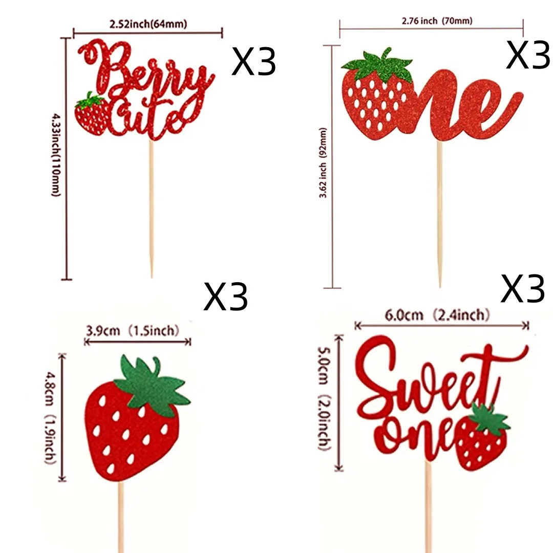 Strawberry Cake Topper Flags Happy Birthday Decoration Cupcake Toppers kids 1st Birthday Party Baby Shower Cake Baking Decor