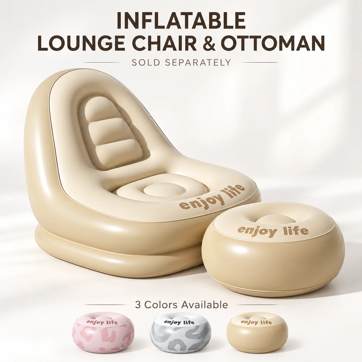 Inflatable Lounge Chair & Ottoman Sold Separately Portable Air Sofa Single Seat with Backrest Footstool for Living Room Bedroom