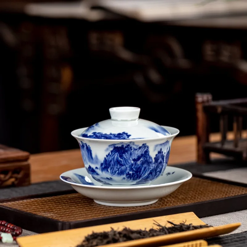 

Jingdezhen Antique Mud Blue and White Thousand-Li Landscape Ceramic Gaiwan Household Set Cover Teacup Saucer