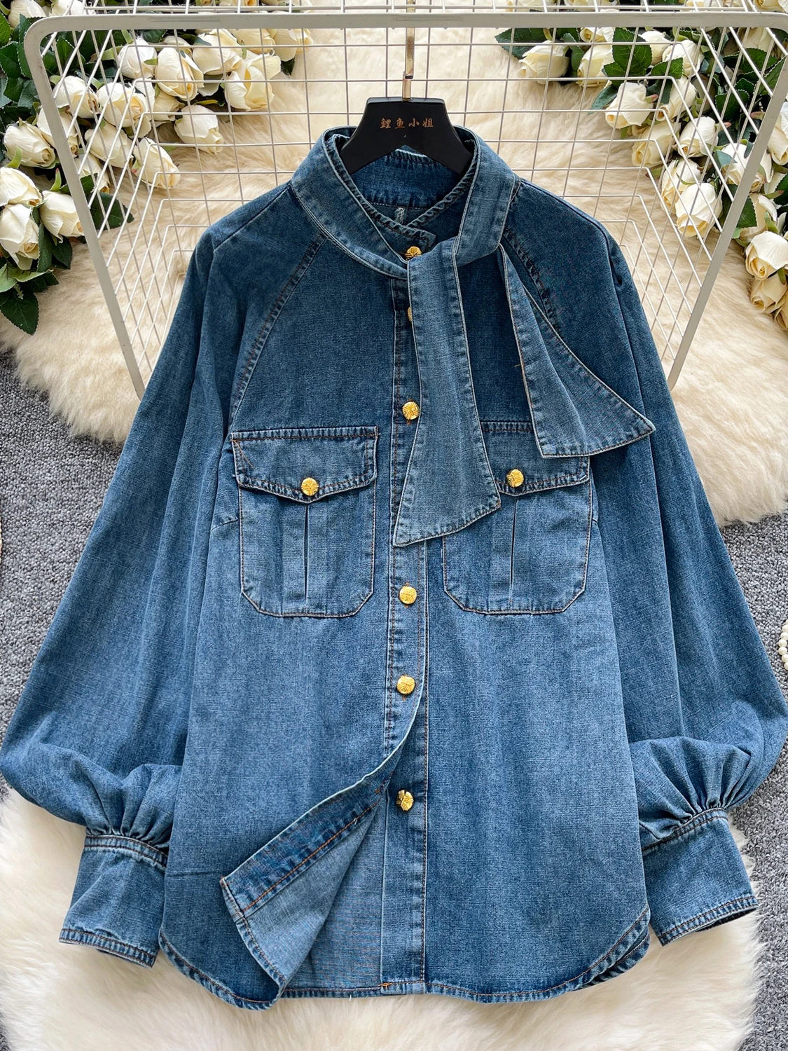 Casual Chic Women's Loose Fit Denim irt Autumn Faion Belted Slimming Metal Bule Long Sve Top Comfortable Leisure Sense
