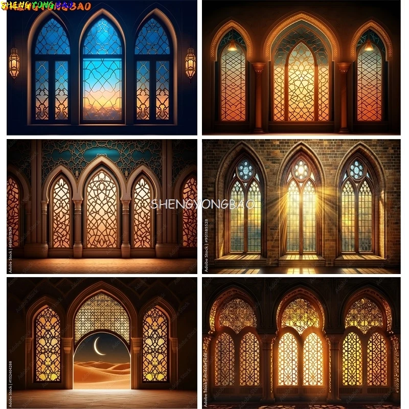 

Gothic Window Sunset Cathedral Architecture Interior Photography Backdrops Morocco Arabic Palace Ramadan Photo Background ZY-01