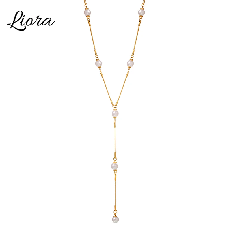 

Liora из нержавеющей стали 316L длинный свитер-цепочка ожерелье для женщин искусственный жемчуг бусины ручной работы на шею колье ювелирные изделия