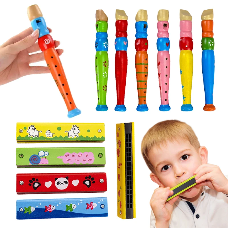 Flûte de dessin animé en bois colorée et Harmonica, Instrument de musique en bois, jouets pour enfants, jouets musicaux éducatifs précoces pour enfants