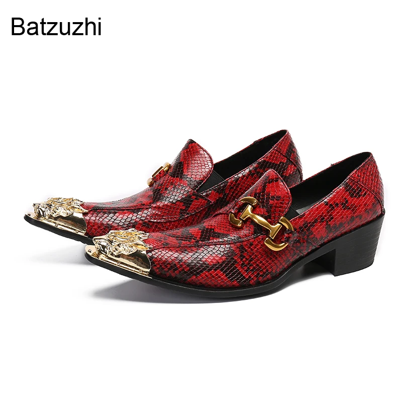 

Batzuzhi High Heels 6cm Shoes Men Golden Iron Toe Leather Dress Men Shoes Slip On Red Wedding Shoes Party and Business, Big Size