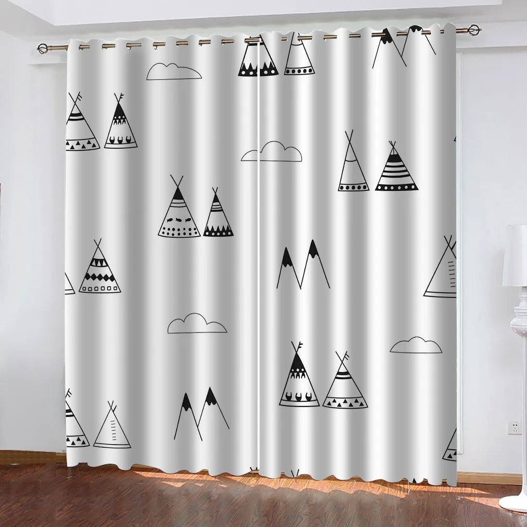 HUANZHUANG Curtains For Bedroom Eyelet Black And White Geometric Art Print Pattern Light Blocking Thermal Window Drapes For Kids