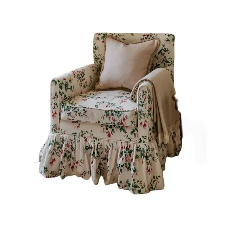 French pastoral floral fabric sofa single chair small apartment ruffle edge decoration temperament retro living room furniture