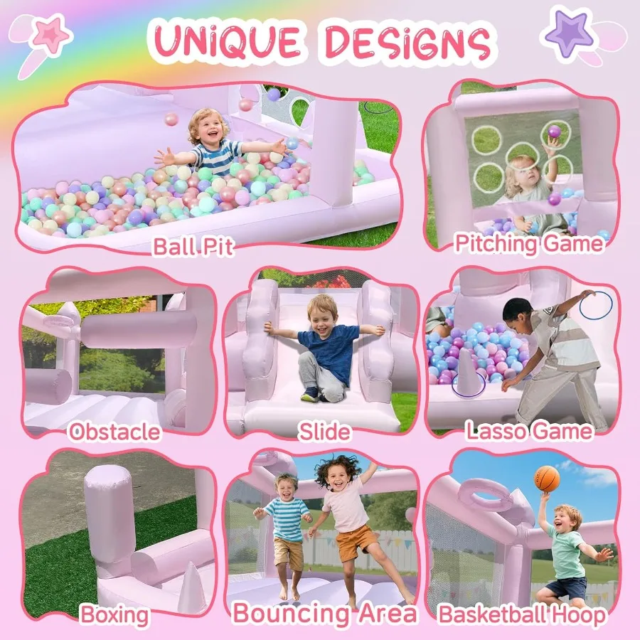 Inflatable Bounce HousePink Indoor Bounce House for 8in1 Jumping Bouncer House with with Ball Pit and Slide for Outdoor Indoor