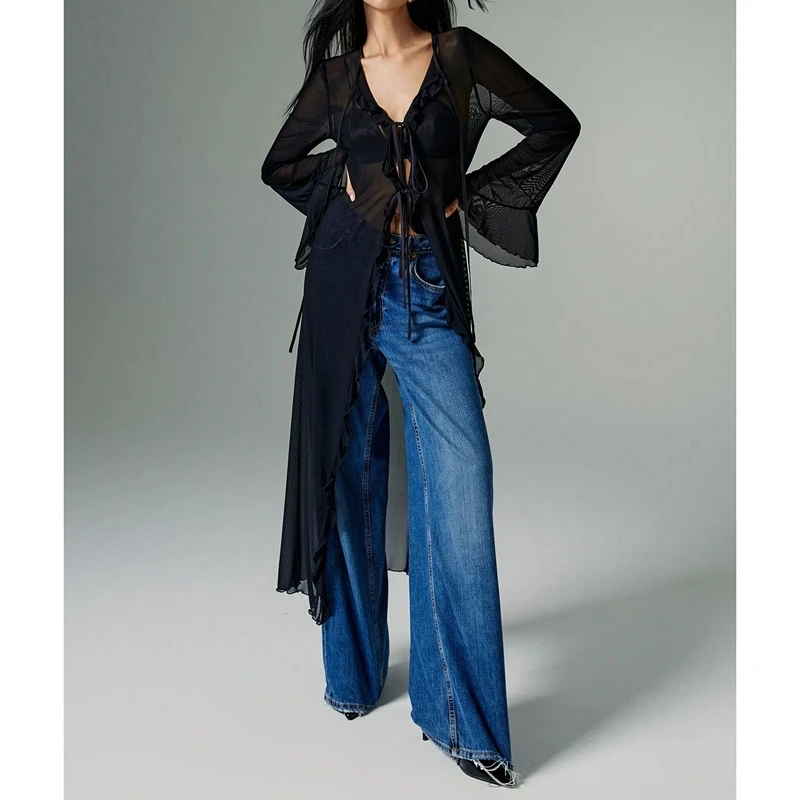 

Женская блузка с рюшами, сексуальная, прозрачная, с завязками спереди, V-образным вырезом, из шифона, с расклешенными длинными рукавами, свободная, струящаяся, многослойная, как топ-платье