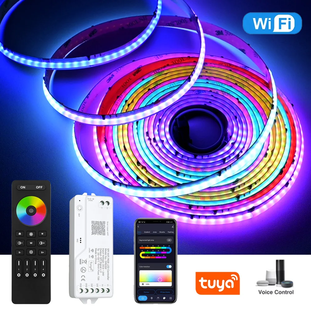 Tuya WiFi COB RGBIC LED Strip 12V 5m 10m Addressable WS2811 Music Sync Dream Color Light Party Game RF Remote for Alexa Google