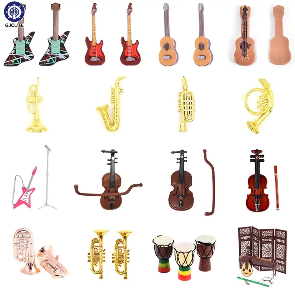 Dollhouse Miniature Electric Guitar Violin Saxophone Drum Piano Model Musical Instrument Toy Craft Ornament Doll House Decor