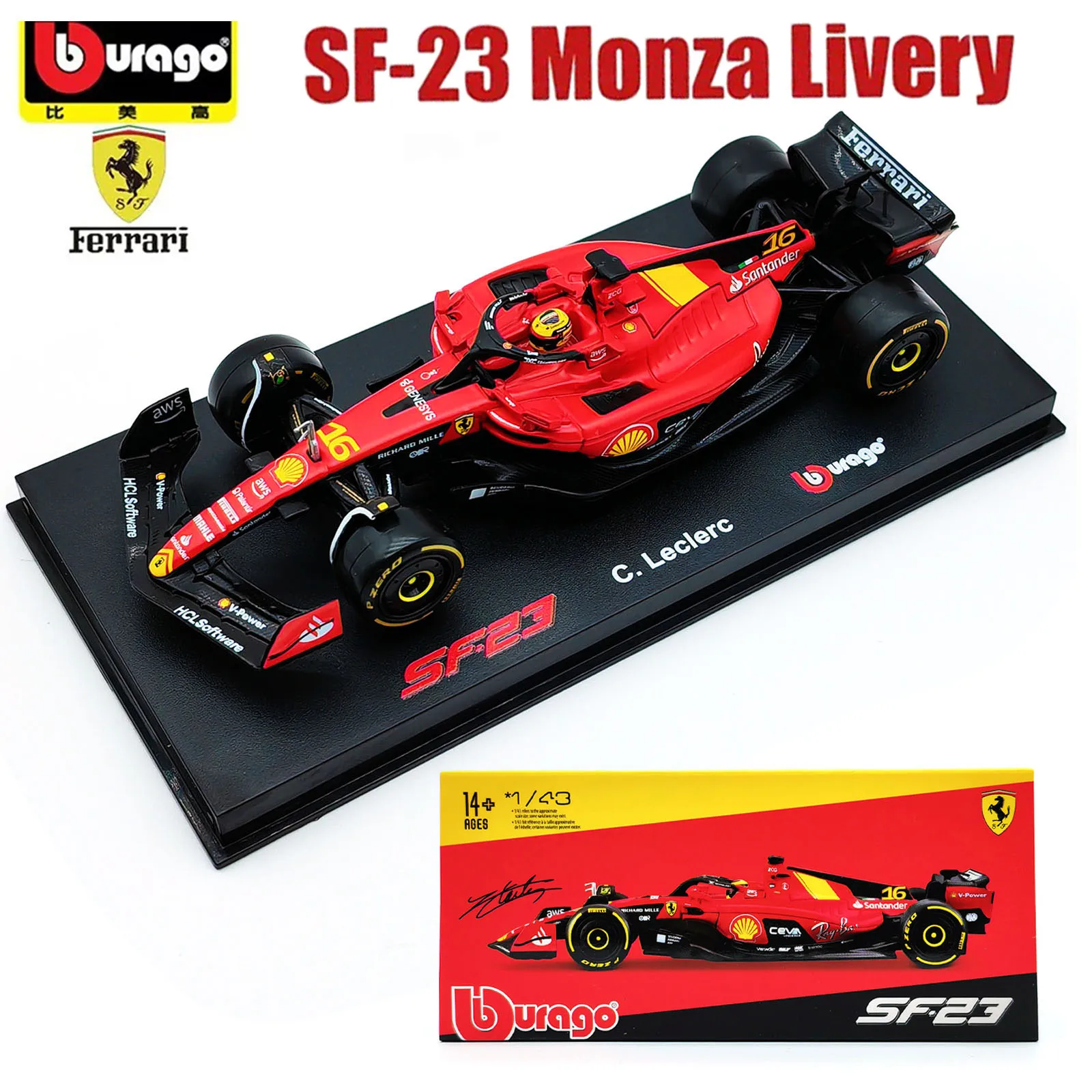 Bburago 1:43 Ferrari SF-23 Monza Livery Edition SF23 Las Vegas 16# Formula One With Hardcover F1 Alloy Car Collection Toy Gift