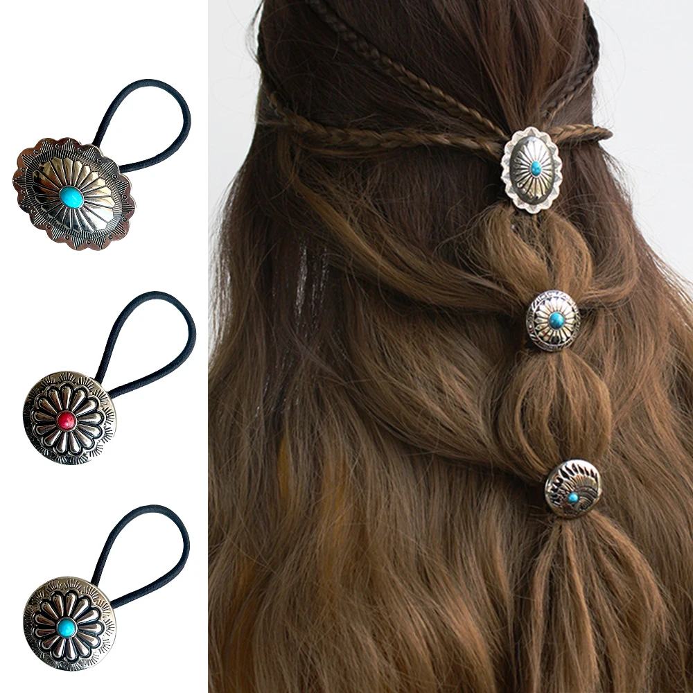 Western Style Hair Rope Metal Turquoise Rubber Band for Women Personality Retro Ponytail Holder Hair Tie Hair Accessories