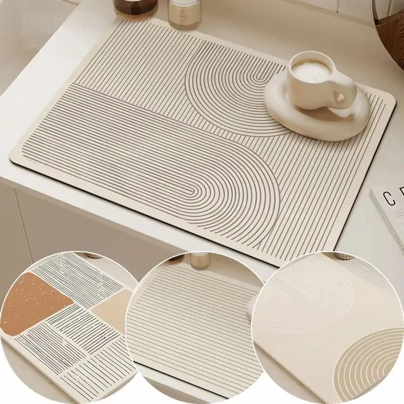 VIKAMA Wabi Sabi Linear Line Diatom Dish Mat Super Absorbent Non Slip Coffee Bar Quick Dry Counter Drain Pad Kitchen Accessories