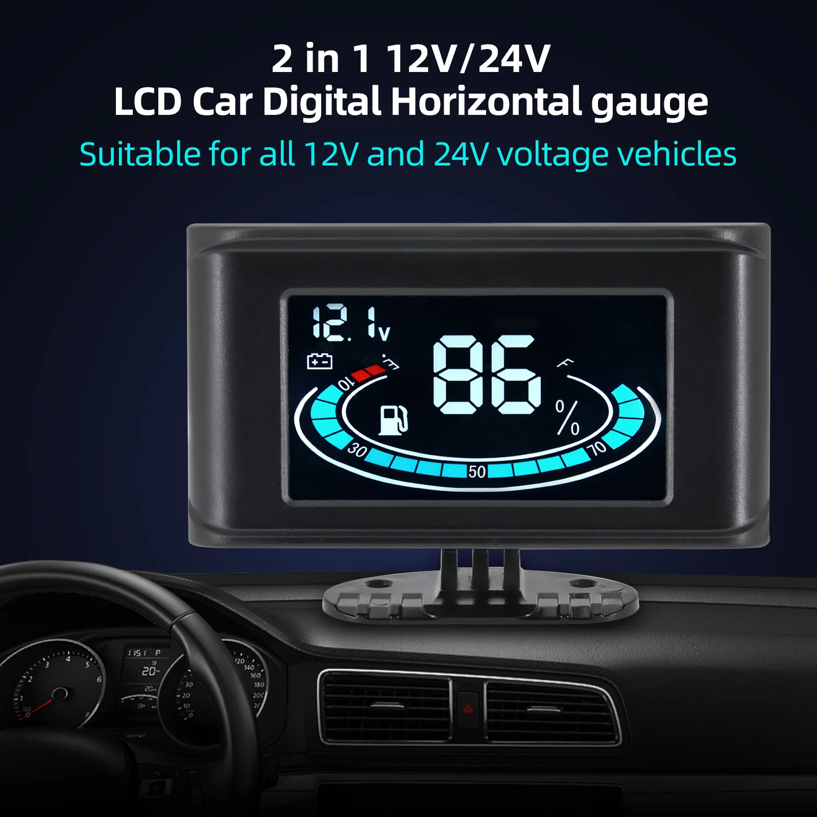 

High quality 2 in 1 12v/24v LCD Car Digital Horizontal gauge Voltmeter + Fuel Level Gauge Voltage Gauge