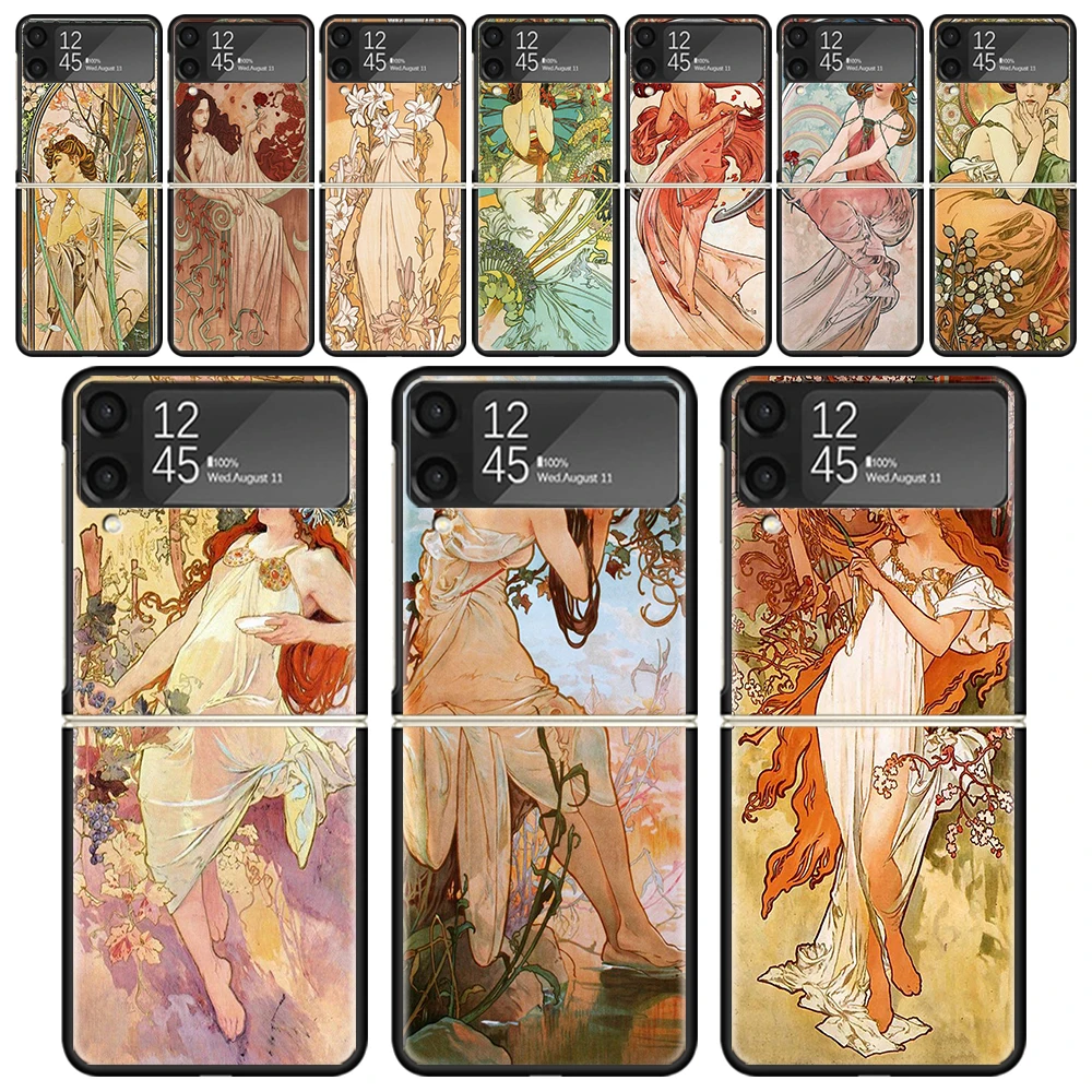 Alfons Mucha Primavera Shockproof Folding Mobile Hard Shell For Samsung Galaxy Z Flip 4 3 5G TPU Black Phone Case Flip4 Cover