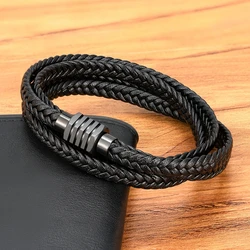 XQNI New Design Two Layers Braided Rope Brown Black Leather Bracelet For Stainless Steel Men Bangles Charm Jewelry Birthday Gift