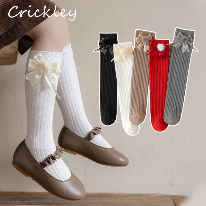 

Bow Pompom Kids Princess Socks Solid Knitted Girls Stockings Spring Autumn Fashion Soft No Heel Children Socks
