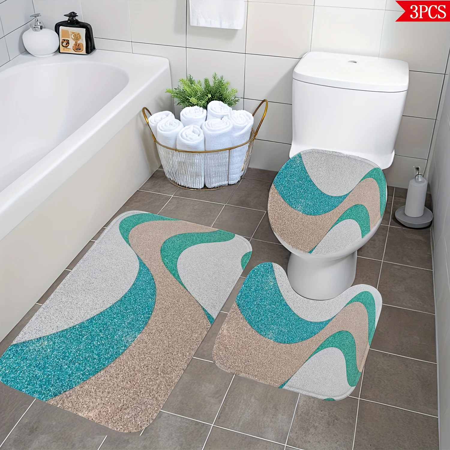 Aesthetic 3PCS Bathroom Mat Set Home Decor Modern Wave Design Bath Rug for Toilet Floor Waterproof Supplies