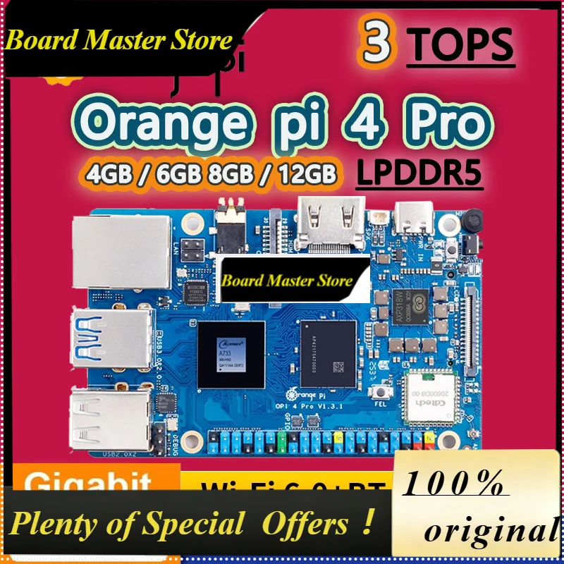 BoMasOrange Pi 4 Pro 2GB/6GB/8GB/12GB LPDDR5 Board Allwinner A733 Chip 3Tops NPU Wi-Fi6.0+BT5.4 M.2 M-Key Slot Single Board Comp
