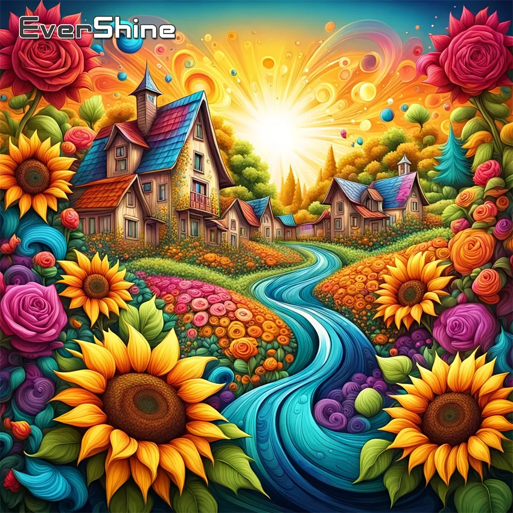 EverShine Diamant-Stickerei Haus-Landschaft Vollquadrat-Mosaik Sonnenblumen-Strass-Bild Rosen-Diamantmalerei Heimdekoration