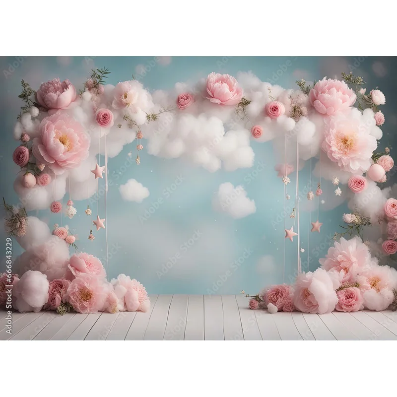 Pfingstrose Baby digitale Fotografie Hintergrund Kuchen zerschlagen Pastell rosa Hintergrund Luftballons Blumen Baby schießt Geburtstags feier