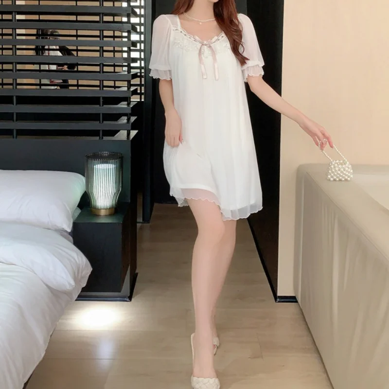 Vintage Sexy Mesh Night Dress Women Lace Cute Short Sleeve Nightgown Loose Round Neck Sleepwear Sweet Fairy Princess Nightwear