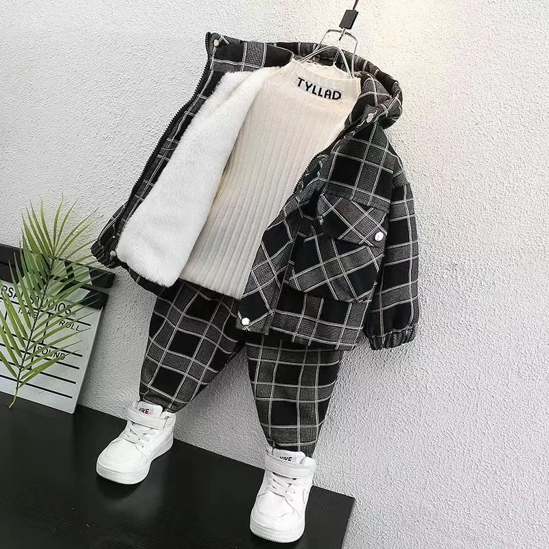 

Boys Cardigan Zipper Plush Velvet Thick Warm Plaid Hooded Coats Outwear+Pant 2pcs Autumn Witer Outfit Baby Fashion Sport Clothes