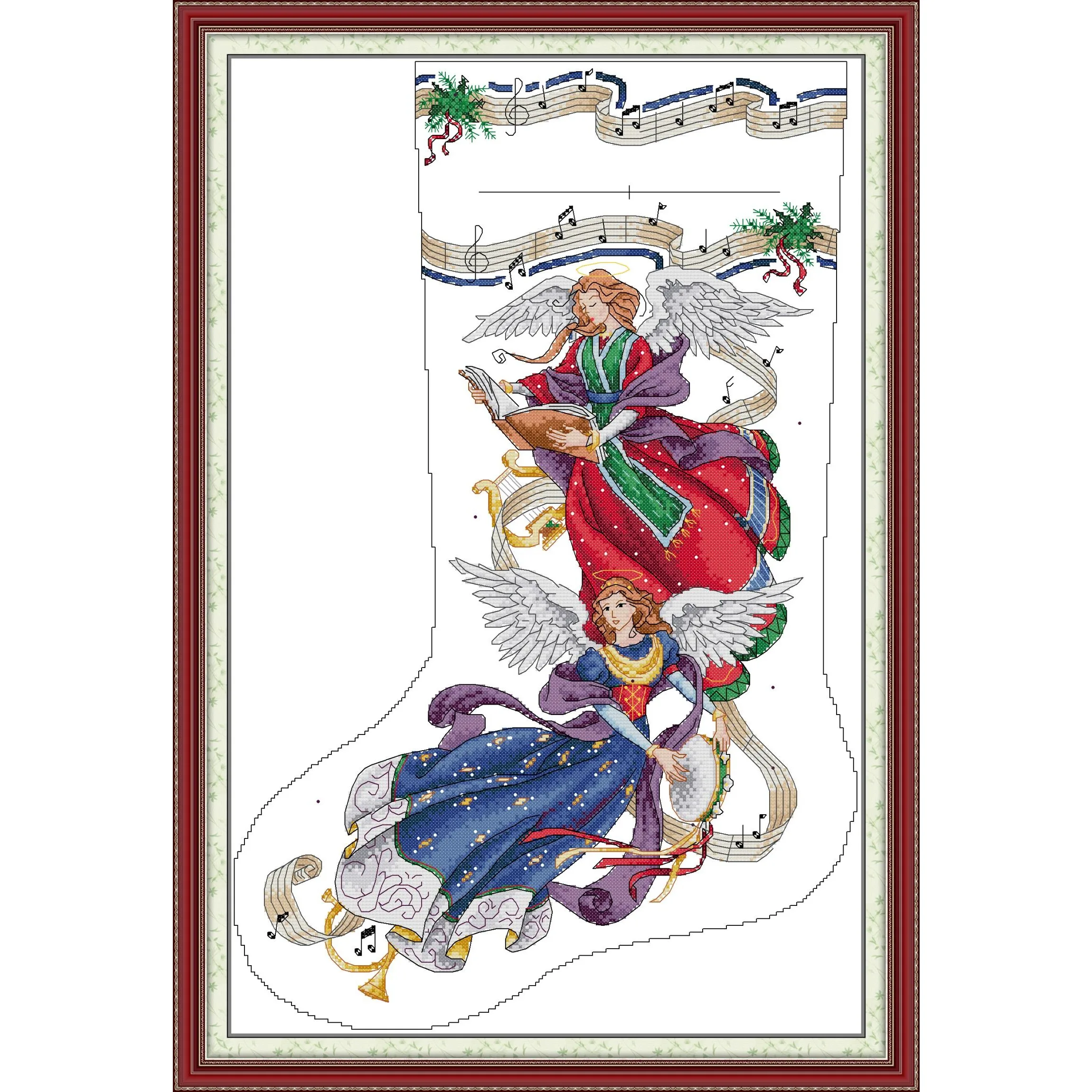 مجموعة غرز متقاطعة مطبوعة مسبقًا من Soulgift News، قماش عايدة مختوم مع خيوط DMC، طقم تطريز - جوارب Harmony Angelic