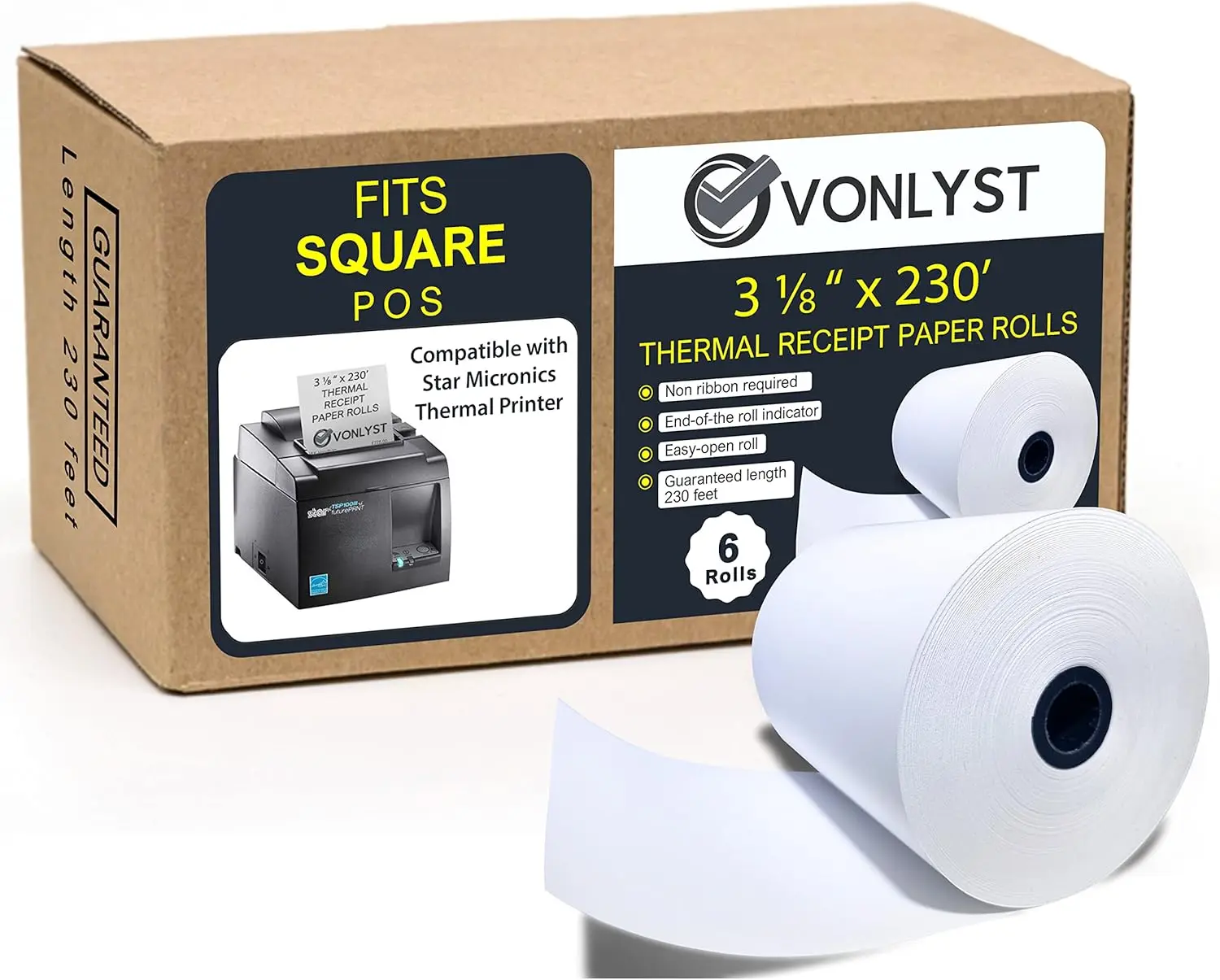 3 1/8 x 230 Receipt Paper Rolls for Square Register and POS Systems, Compatible with Star Micronics Thermal Printers (Pack of 6)