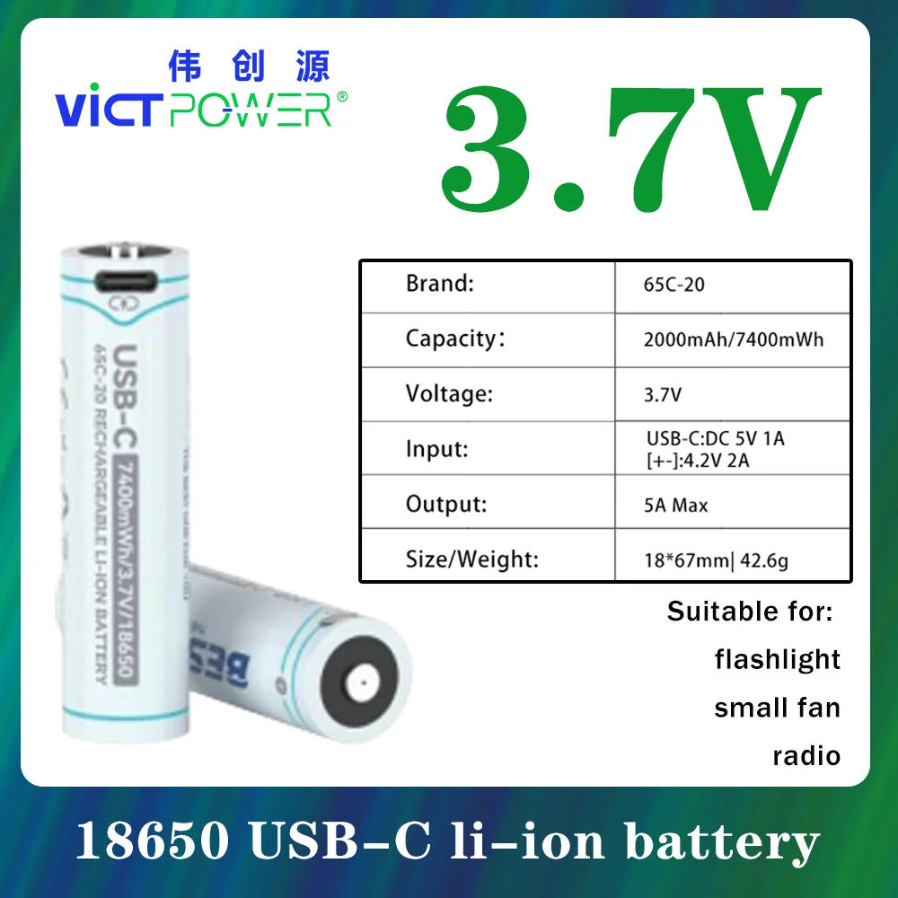 Victpower 3.7V 18650 Battery 2000mAh High Capacity 18650 lithium Rechargeable Battery li-ion batteries With USB-C Charging