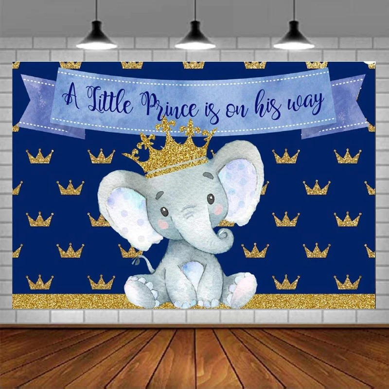 Baby Shower Party Photography Backdrop Royal Blue Elephant Peanut Banner Photo Background Crown Celebrating Scene Poster