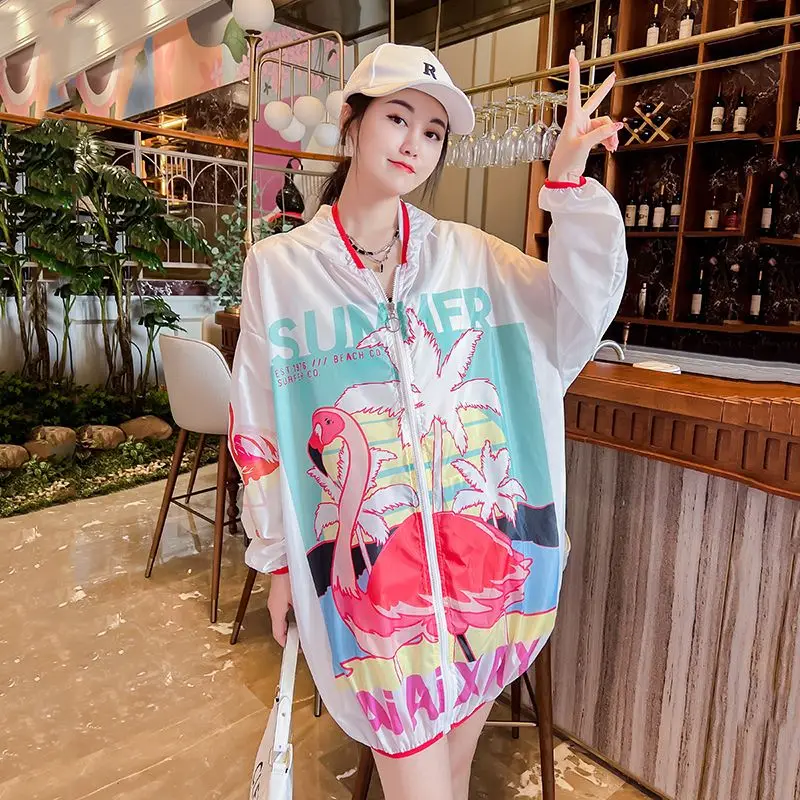 Cartoon Prints Sweet Summer Women Jacket Sweatshirt Sun Protection Clothing Long Sleeve Zipper Loose Quick Dry Outdoor Outerwear