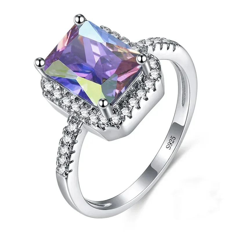 Hochzeiten/Braut, bunter großer CZ-Stein-Schmuck, Sterling-Ring, bezaubernde Dame, schöner Partyring aus 925er Silber, Größe 6–10, Anillos Mujer
