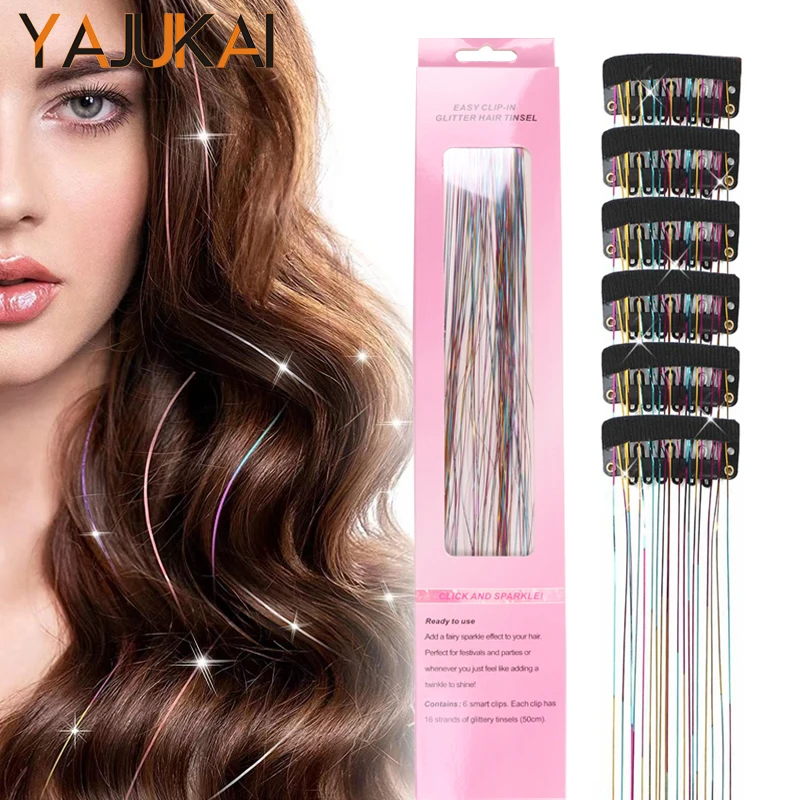 Extensiones de Cabello sintético para fiesta, mechones de oropel brillantes, 6 piezas, 11 colores