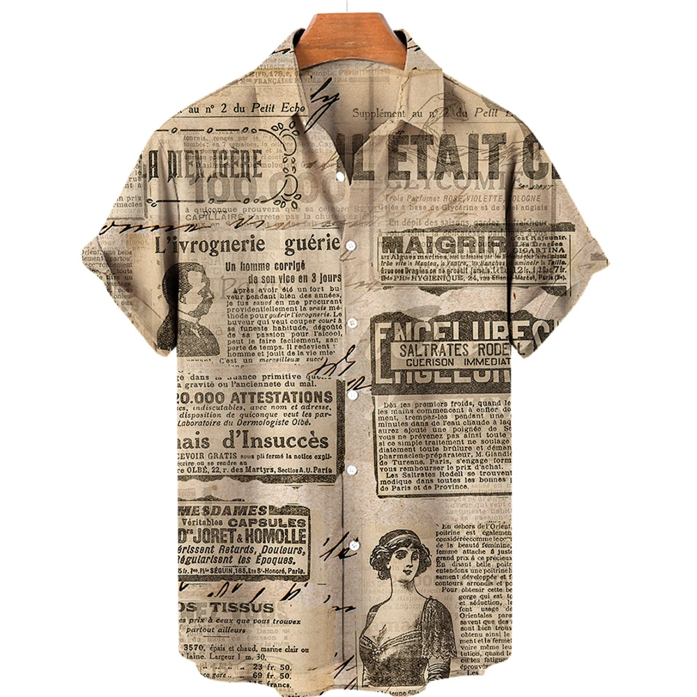 

News Papers Graphic Shirts for Men Clothing 3D Printing Hawaiian Beach Shirts Short Sleeve y2k Tops Vintage Clothes Lapel Blouse