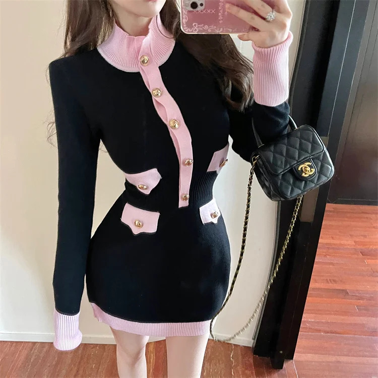 

Dongda Gate Sweet And Spicy Slim Fit Трикотажная юбка с высокой талией из полиэфирного волокна Long Sve round Ne X-ape ort Dr