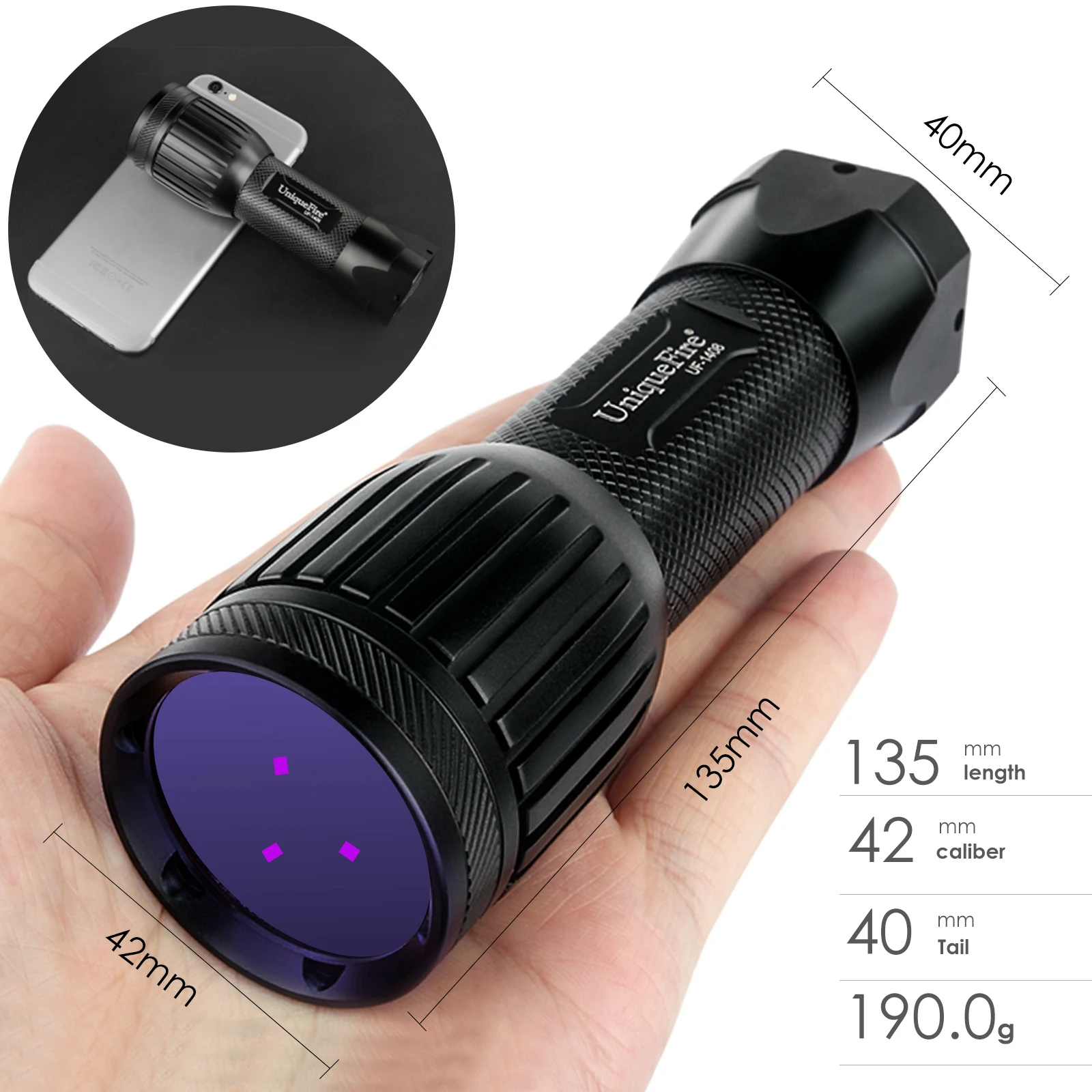 UniqueFire 1408 UV365NM UV395NM Ultraviolet Light Black LED Flashlight Single Mode Detecting Counterfeit Money, Spot Scorpions