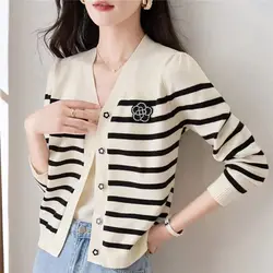 Striped Autumn Winter Female New Printing Cardigan All-match Loose Oversized Women's Clothing Knitting Cardigan Buttons Coat