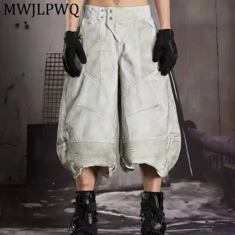 MWJLPWQ Vintage Washed Patchwork Cropped Culotte Short Pant Rib Hem Raw Edge Metal Waist Men Punk Streetwear Loose Bottom 16958