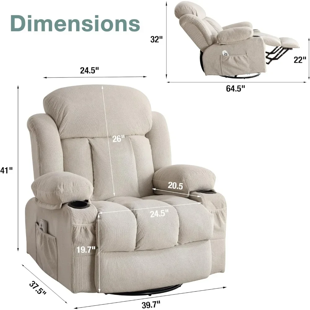 Living room single chair rotating and rocking recliner with heat and vibration, Fabric Ergonomic Single Sofa Chair Living Room