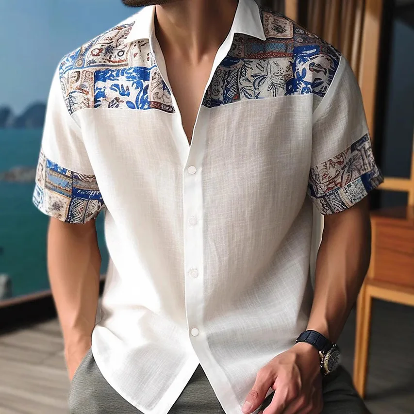 Men's summer light and breathable 3D printed short-sleeved shirt simple and fashionable business lapel button top vacation beach