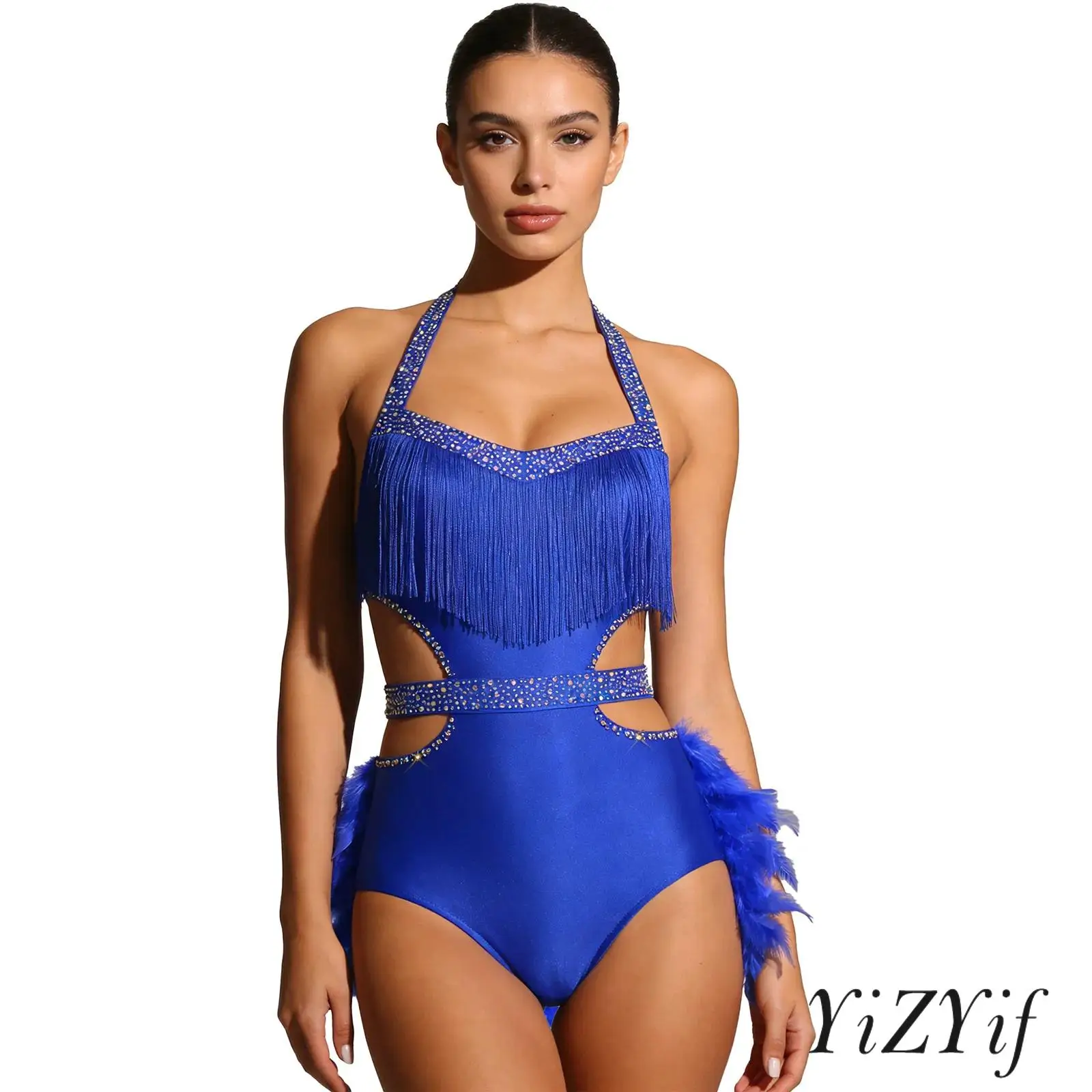 

Elegant Womens Spanish Latin Dance Bodysuit Faux Feather Accents Halter Backless Sleeveless Leotard Jumpsuit for Samba Rumba