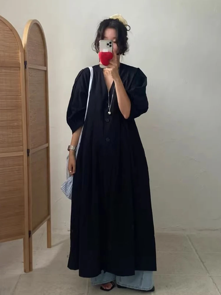 Chic Summer Anti-Aging V-Neck Pleated Loose Casual Single Button Long Lantern Sleeve Dress Women\'s Fashion Commute Style