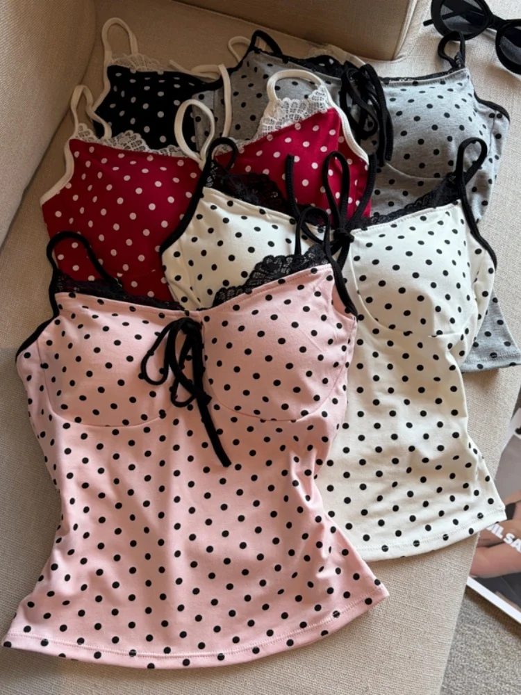 

Summer New Style Women's Lace Splice Polka Dot Strap Vest Self Preservation Model Hot Girl Style Slim Fit Short Length Top
