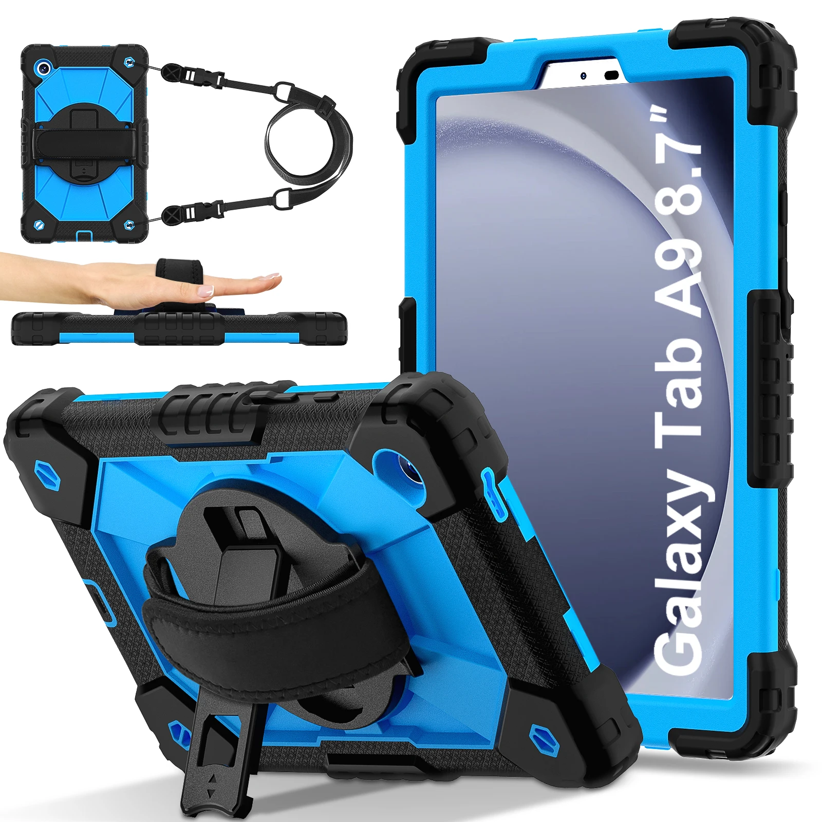 Rotatable Heavy Duty Case For Samsung Galaxy Tab A9 8.7 inch 2023 SM-X110 X115 X117 Armor Stand Cover With Shoulder Strap Funda