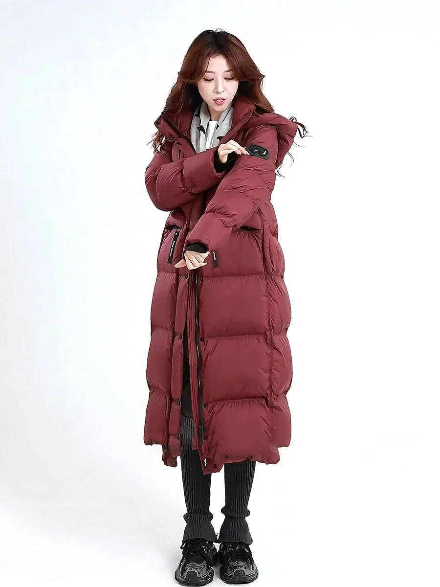 Faionable Red Mid-Length Daunen-Jahet-Damen-Wintermantel mit Kapuze, Luxury Feel Extreme Cold Series Thi White Du Feather