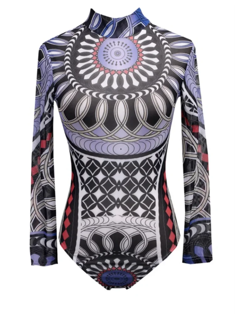 ملابس داخلية نسائية عتيقة بطبعة عرقية ، ملابس ليوتارد بأكمام طويلة ، انظر من خلال سطح الجسم ، ملابس داخلية مثيرة للنادي قمصان #2