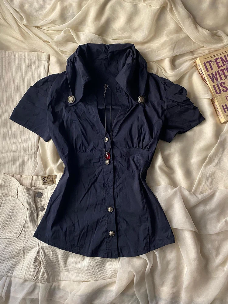 Slimming Blue Vintage irt Original Design Cotton Blend ort Sve  Ne Regular Fit Commute Sle for Young Women